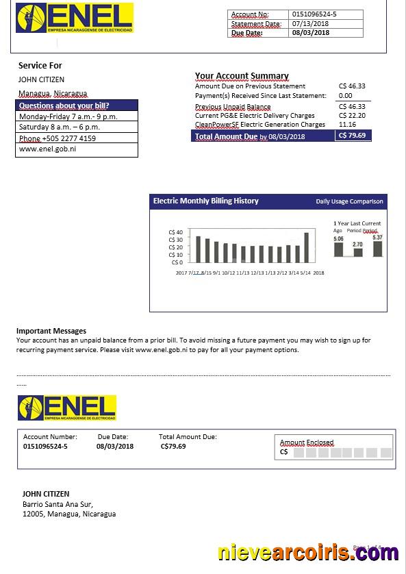 Nicaragua Nicaraguan Electricity Company ENEL electricity bill